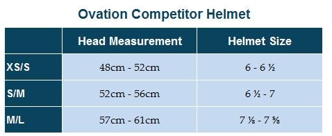 Sizing Chart for Ovation Competitor Helmet