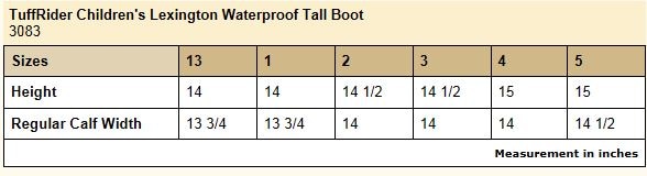 Sizing Chart for TuffRider Children's Lexington Waterproof Tall Boots