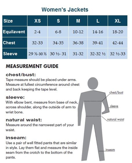 Sizing Chart for Women's Axis Soft Shell Jacket